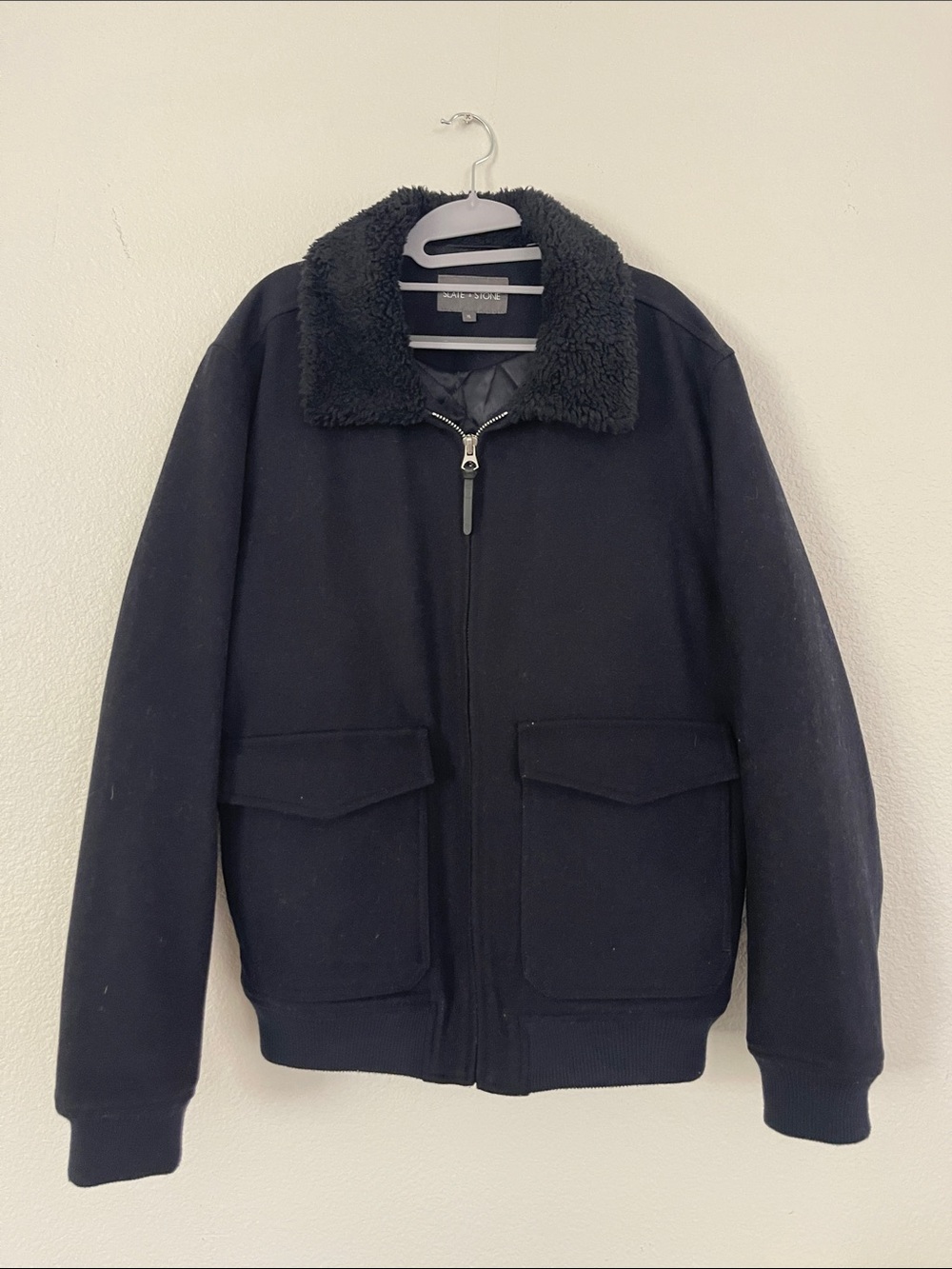 Mens Slate & Stone Black Bomber Wool Jacket with Sherpa Collar Size XL